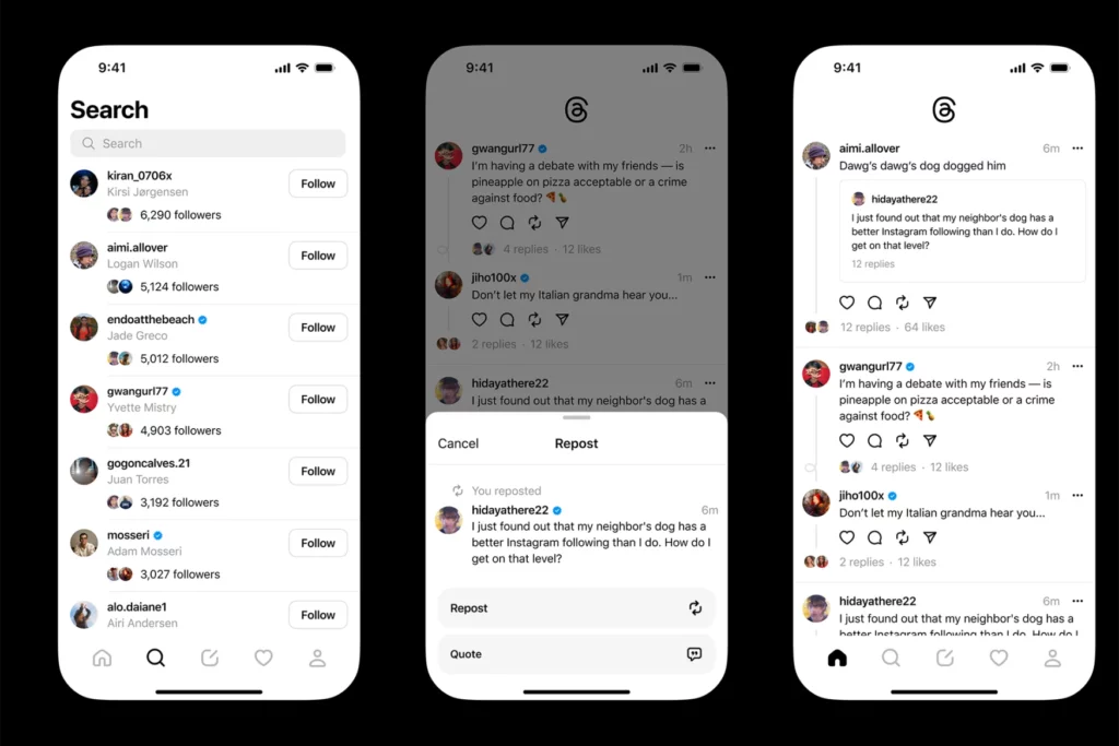 Screenshots of Threads app interface.